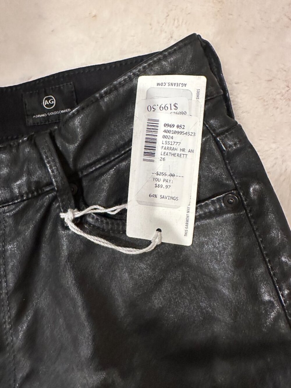 AG FARRAH SKINNY LEATHERETTE BLACK JEANS 26R NWT - Picture 9 of 9